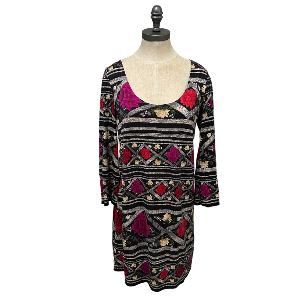 Diane Von Furstenberg Grey & Black Floral Printed Silk Shift Dress Size M